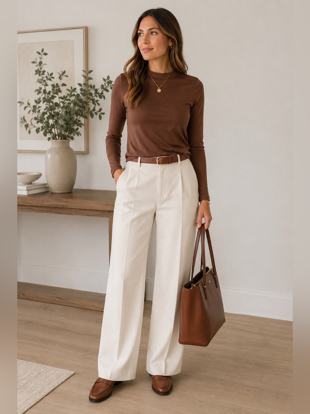 Uniqlo Long Sleeve Shirt Womens Brown Crewneck Cotton Top M Modern Minimalist